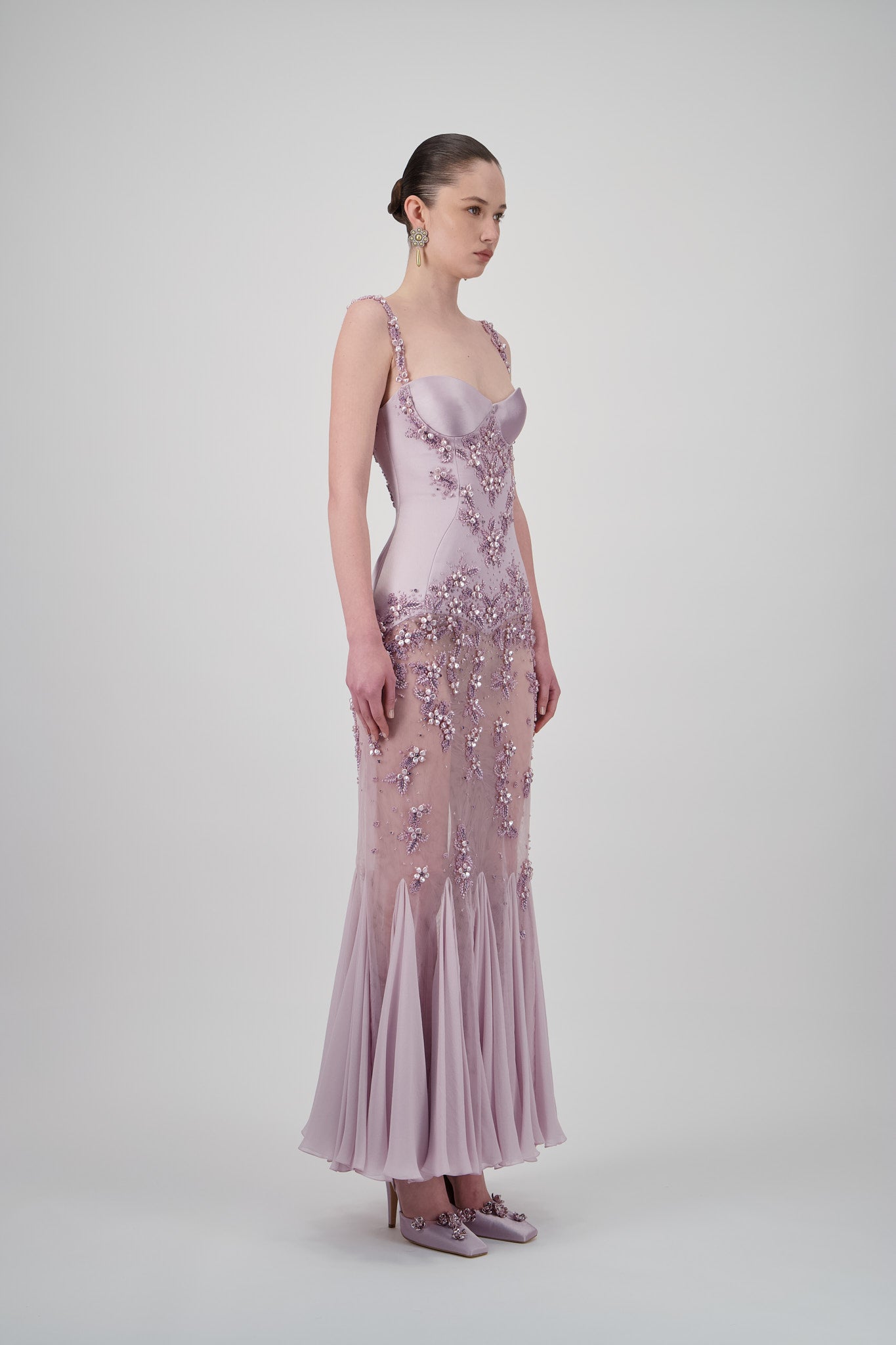 Satin Floral-Embellished Long Dress