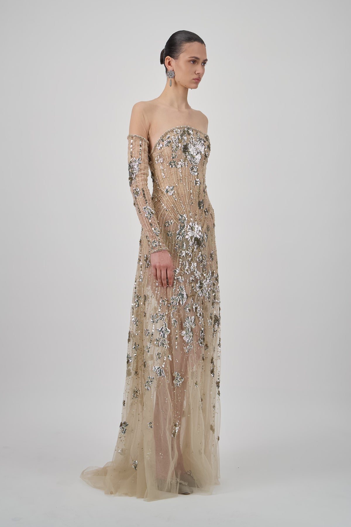 Off-Shoulder Beaded Tulle Long Dress