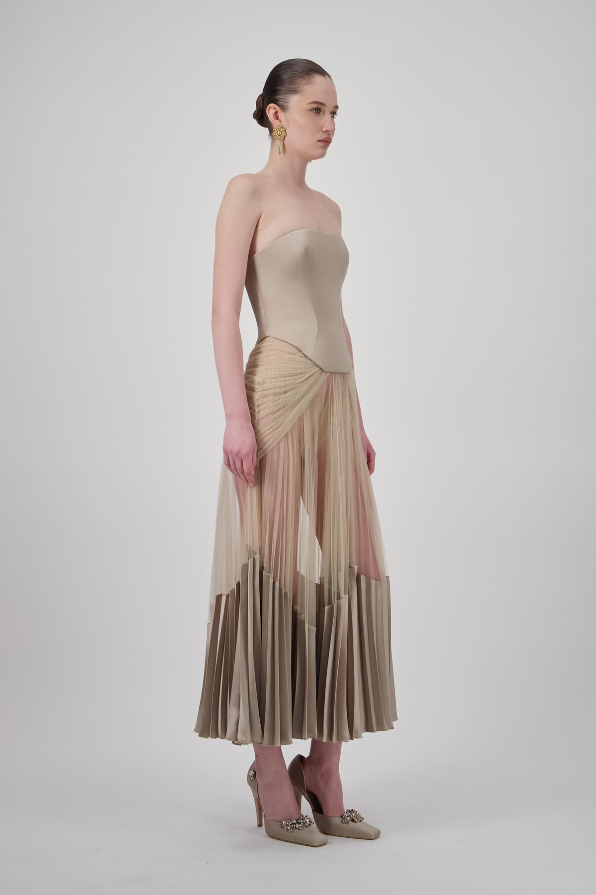 Strapless Pleated Midi Dress