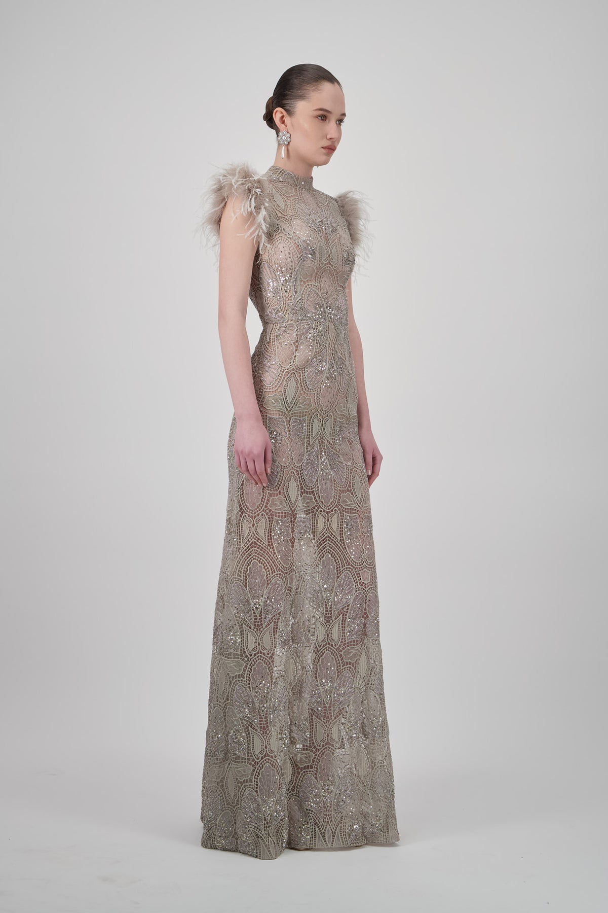 Butterfly Lace Crystal-Embellished Long Dress