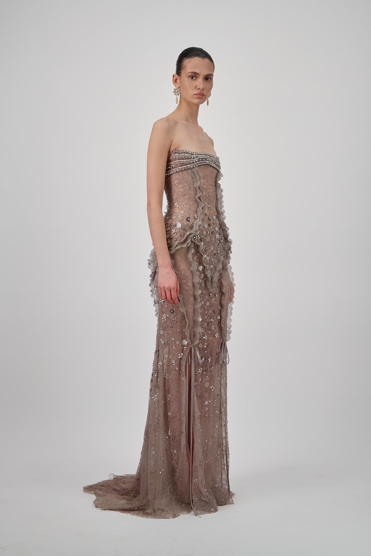 Strapless Lace Crystal Long Dress