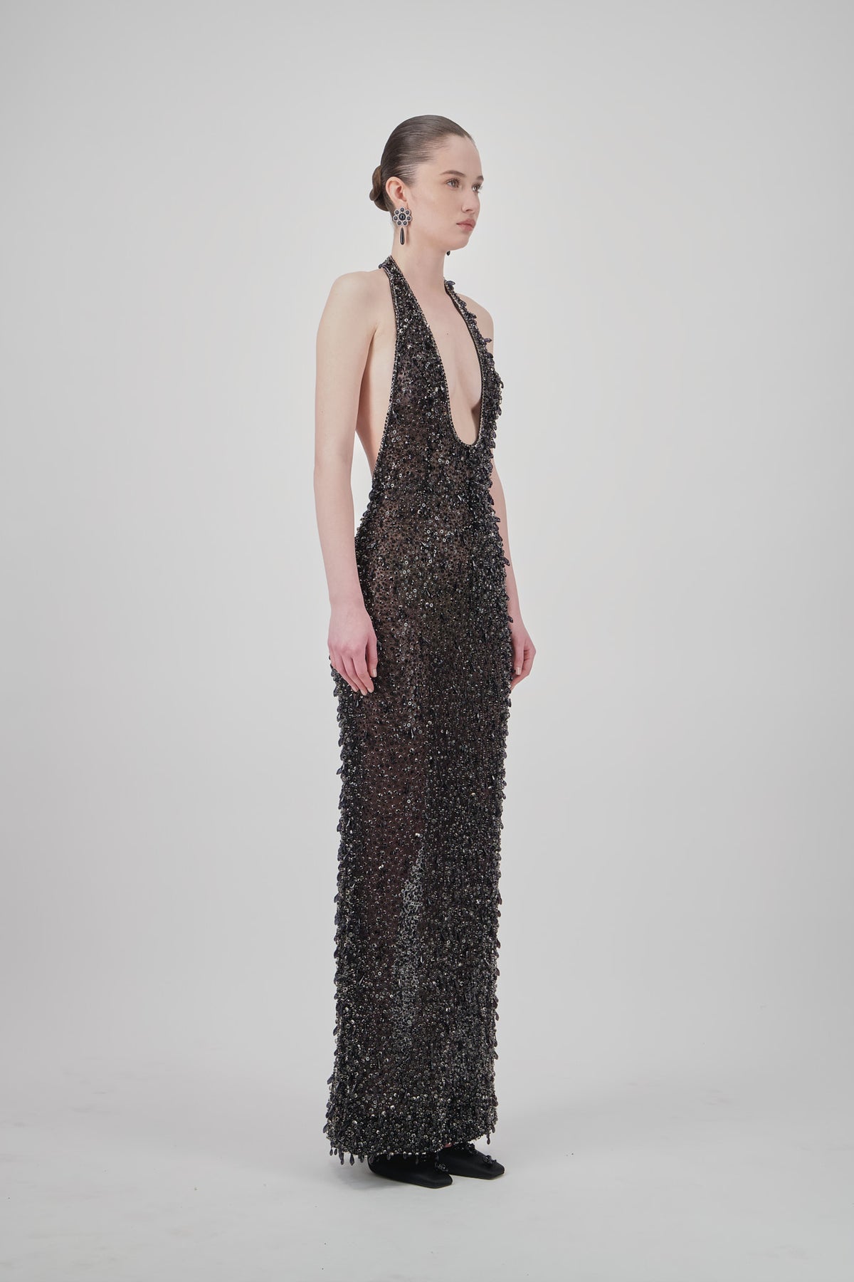 Beaded Open-Back Long Dress