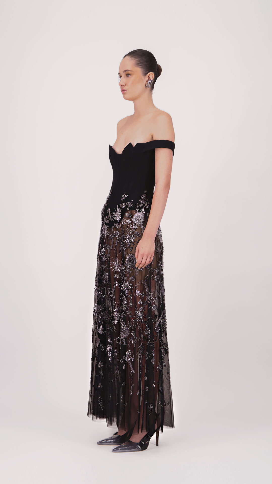 Off-Shoulder Embroidered Midi Dress