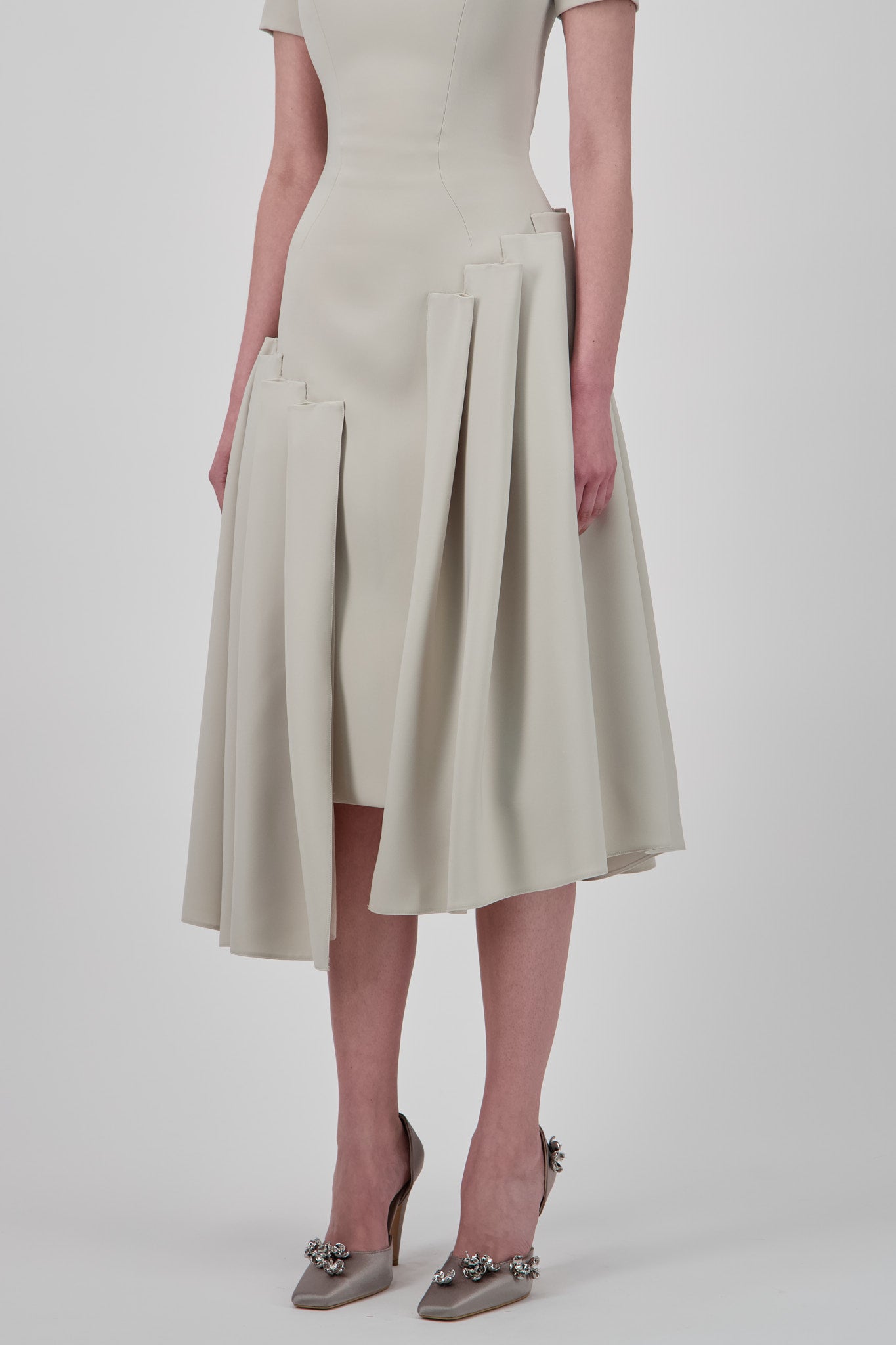 Asymmetrical Crepe Pleated Midi Dress