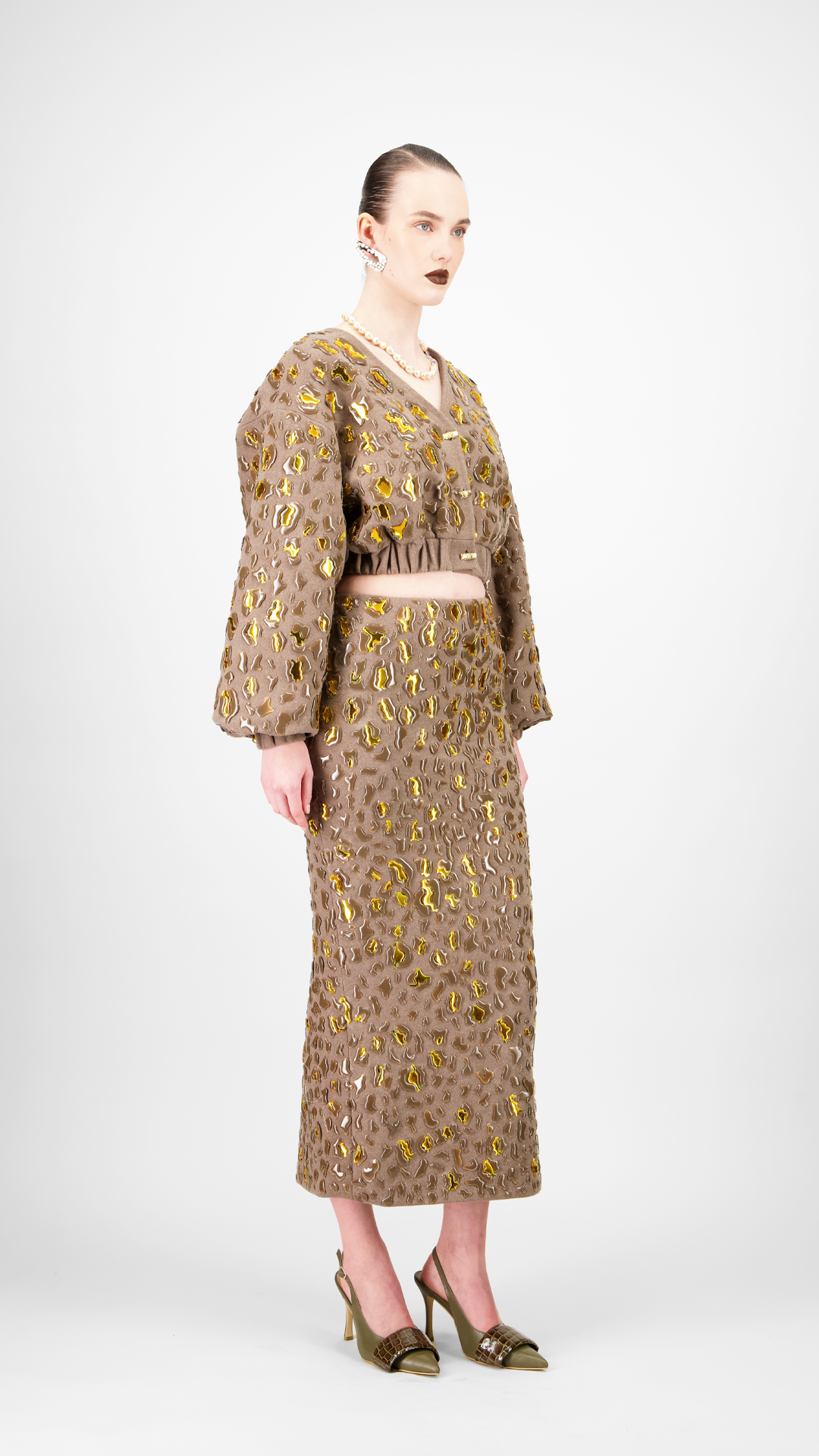 Model wearing a patterned jacket