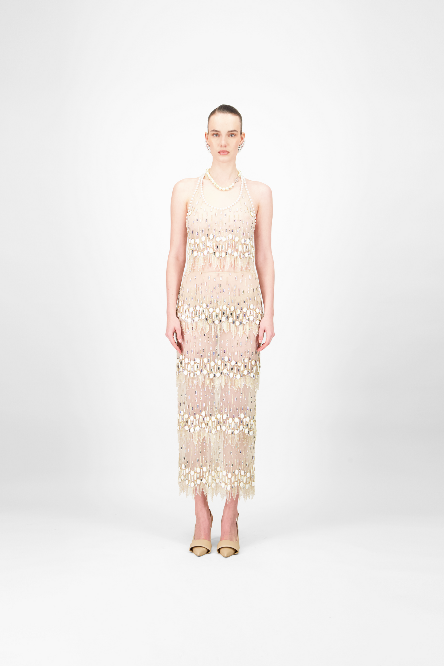 Beaded Tulle Midi Skirt