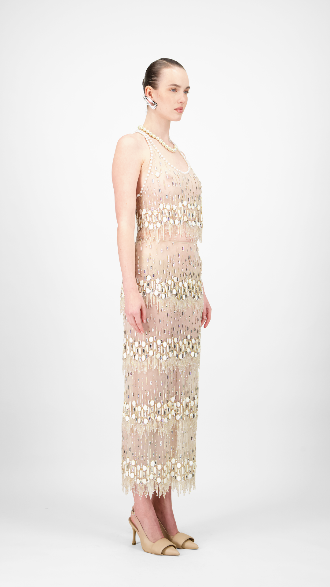 Beaded Tulle Midi Skirt