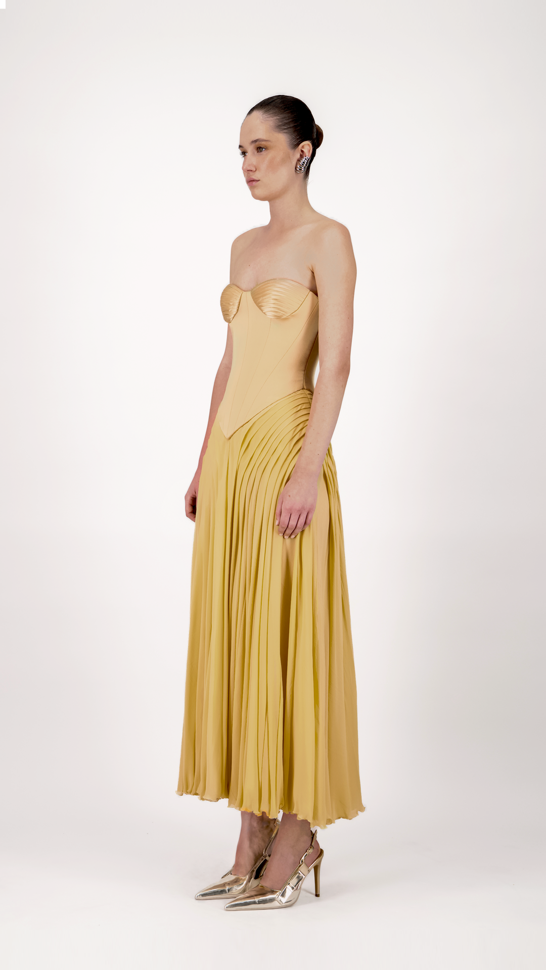 Strapless Corset Pleated Midi Dress