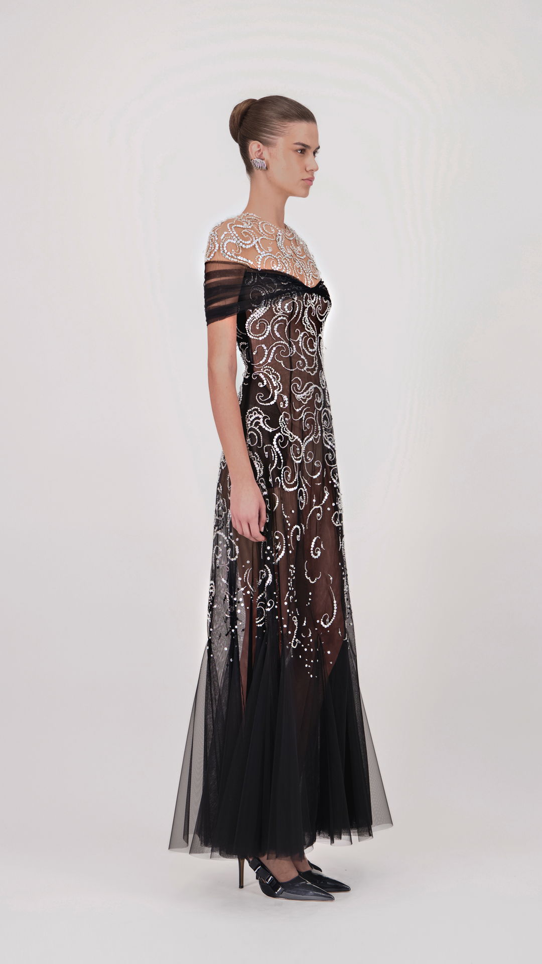 Off-Shoulder Beaded Tulle Midi Dress