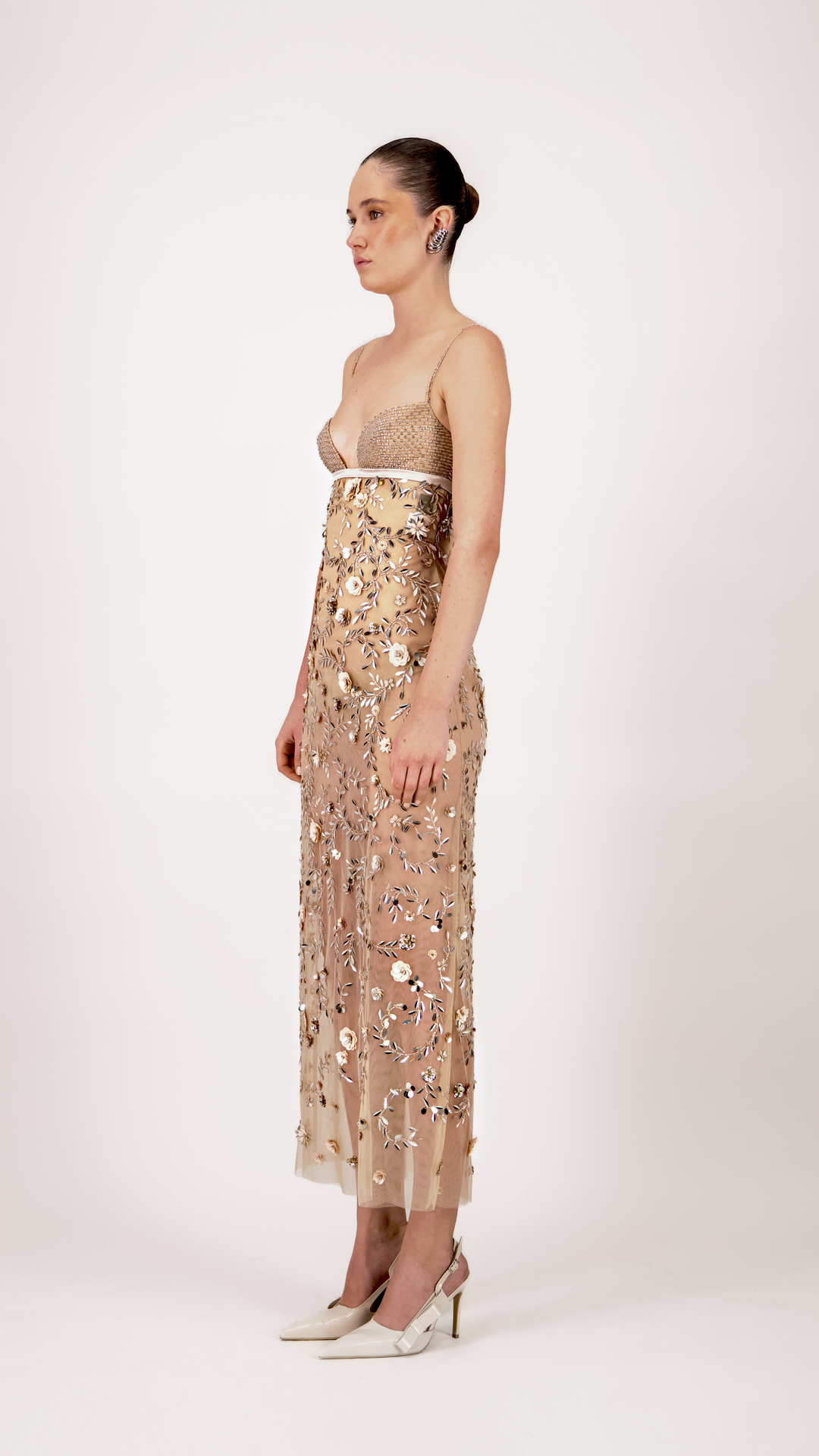 Floral Embroidered Tulle Midi Dress