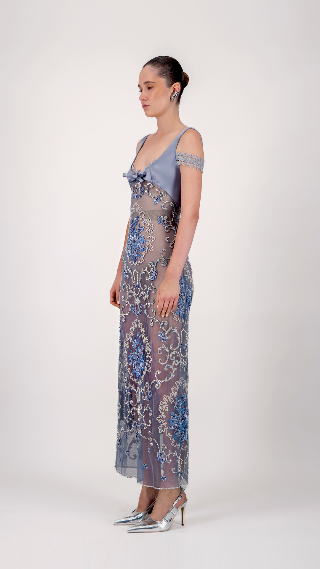 Cold-Shoulder Embroidered Midi Dress