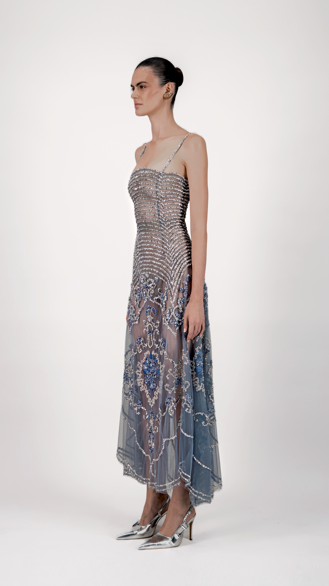 Beaded Floral Tulle Midi Dress