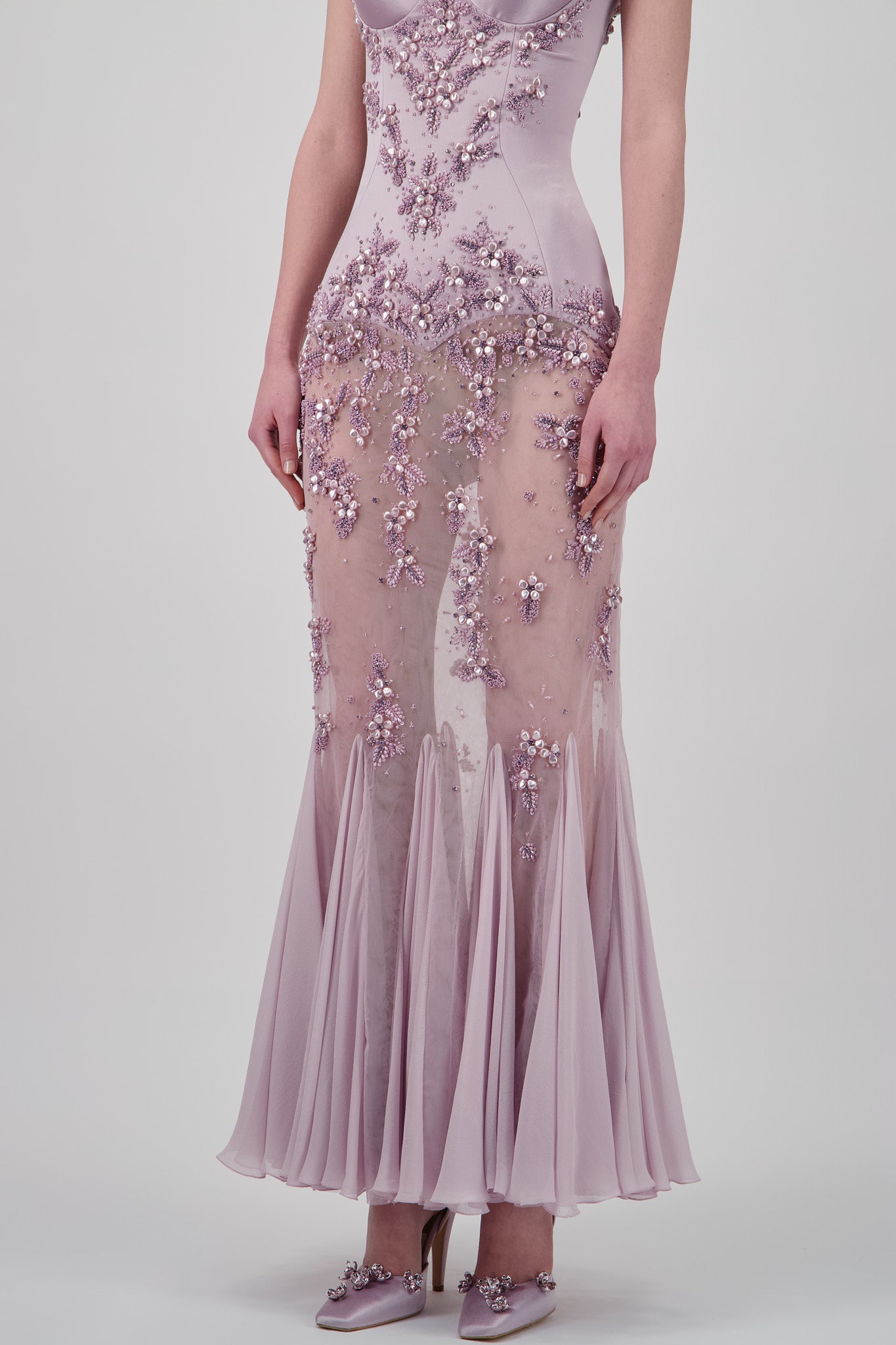 Satin Floral-Embellished Long Dress