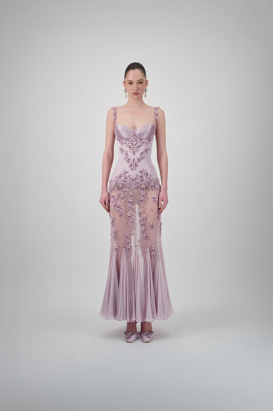 Satin Floral-Embellished Long Dress