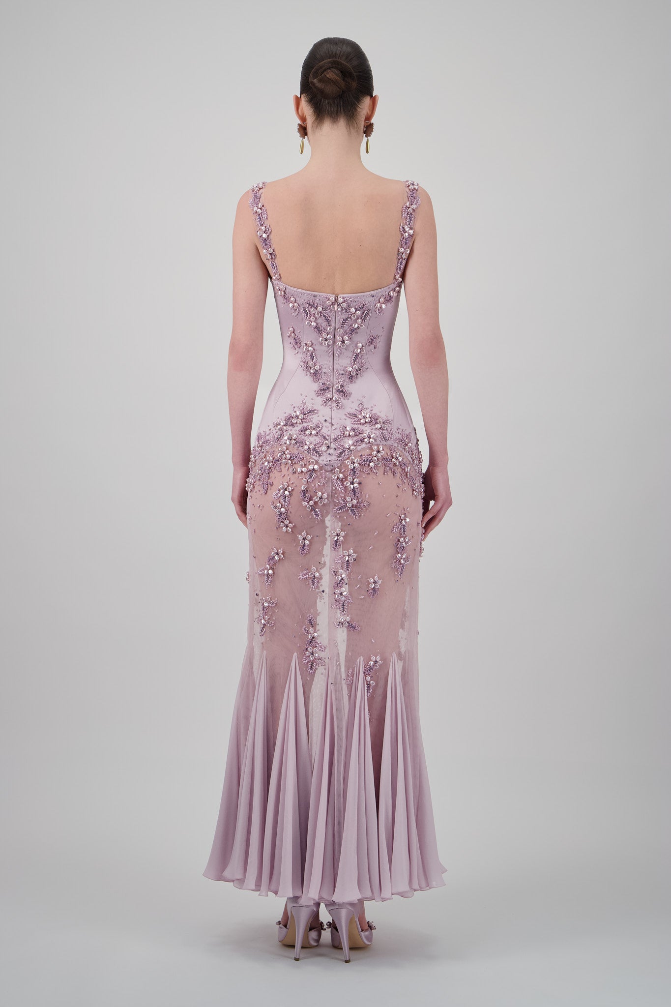 Satin Floral-Embellished Long Dress