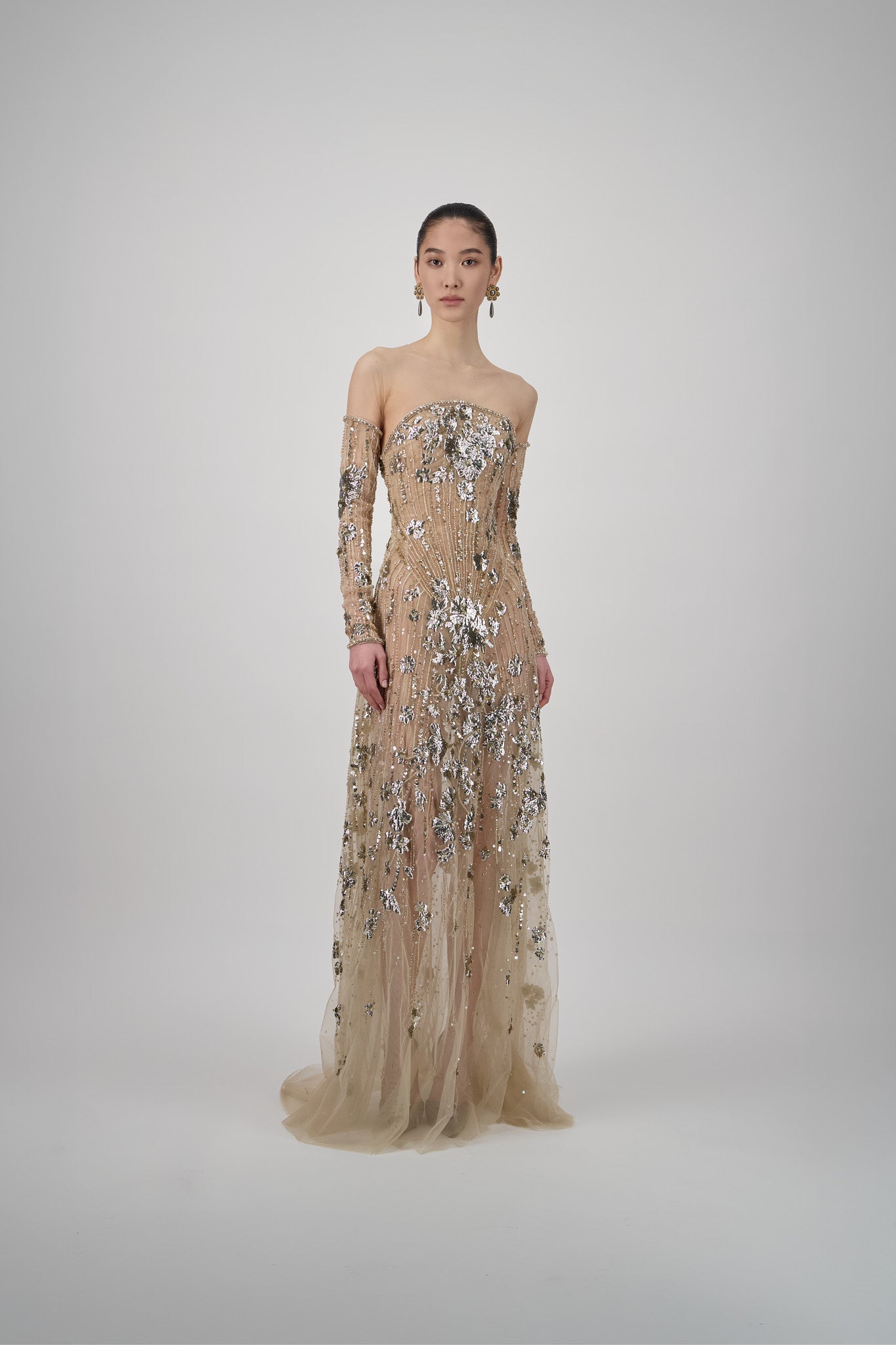 Off-Shoulder Beaded Tulle Long Dress