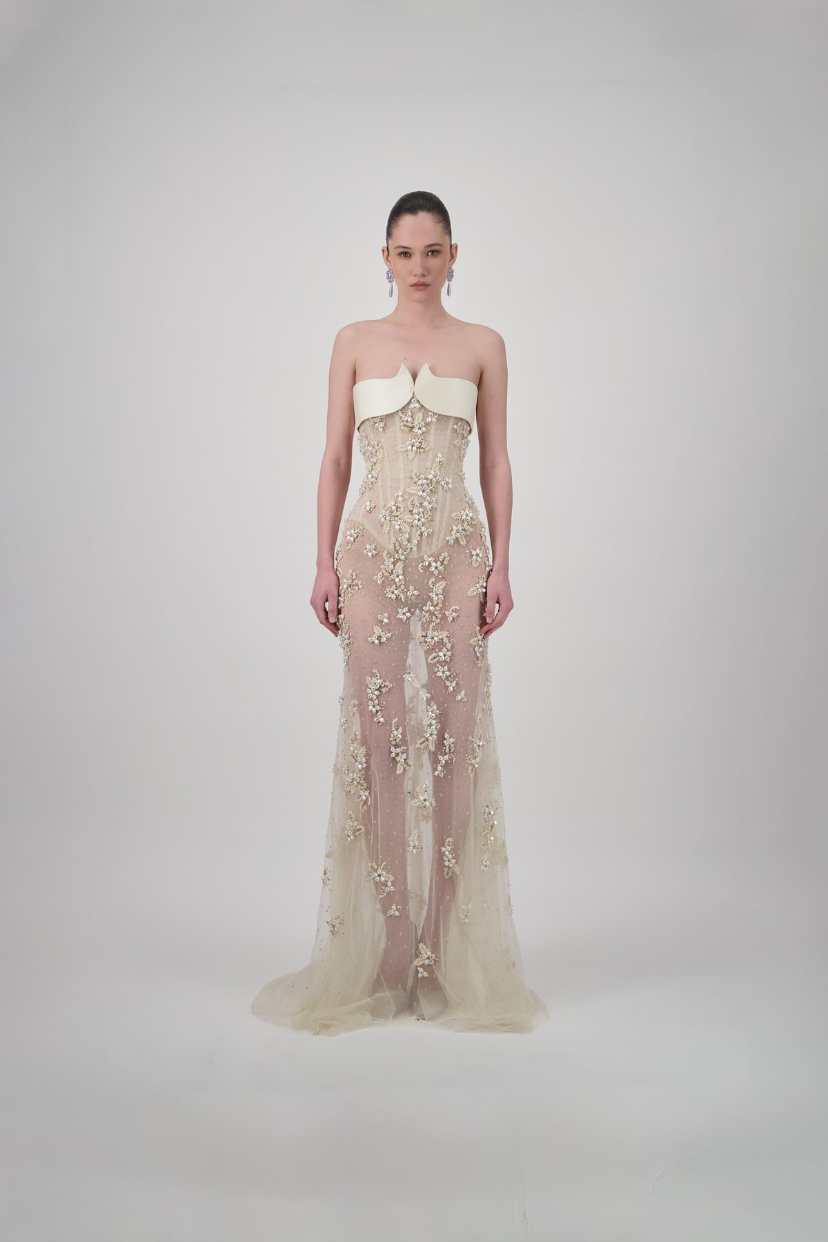 Beaded Tulle Floral-Embellished Long Dress