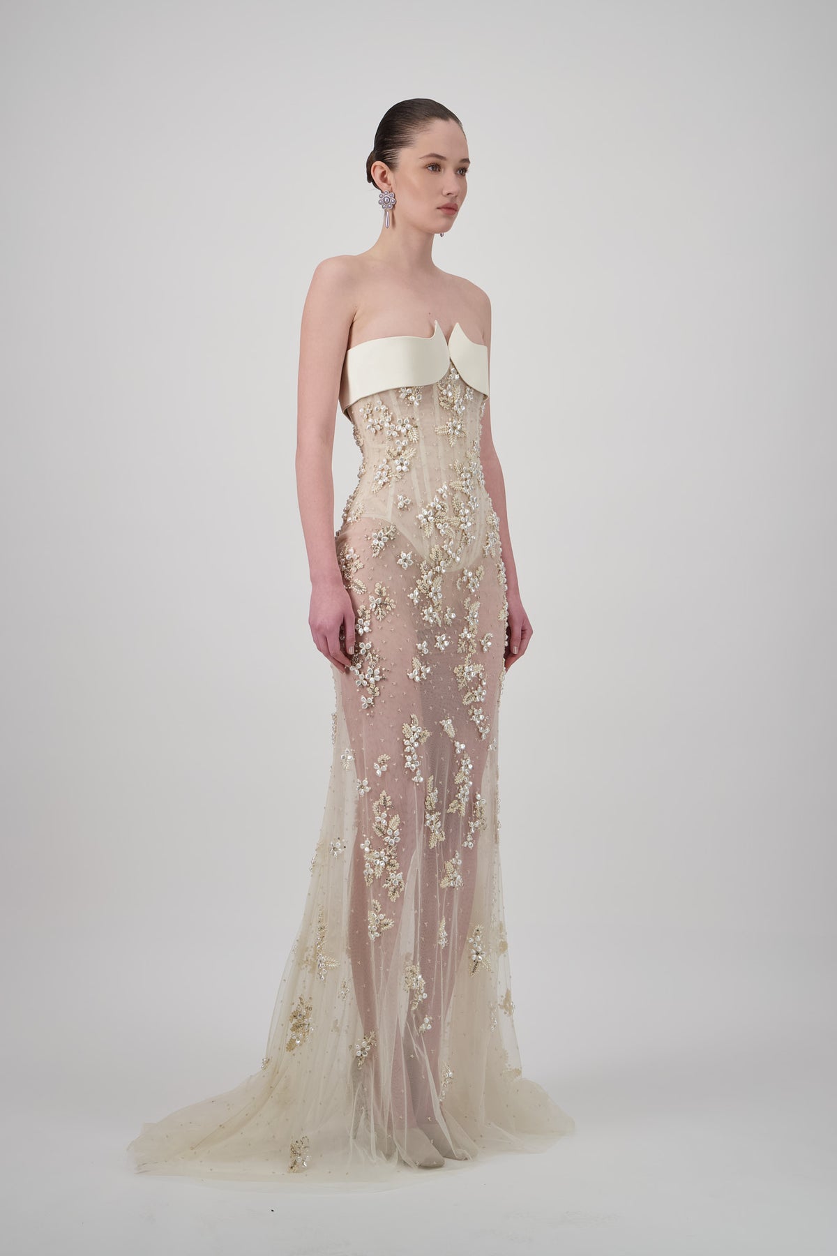 Beaded Tulle Floral-Embellished Long Dress