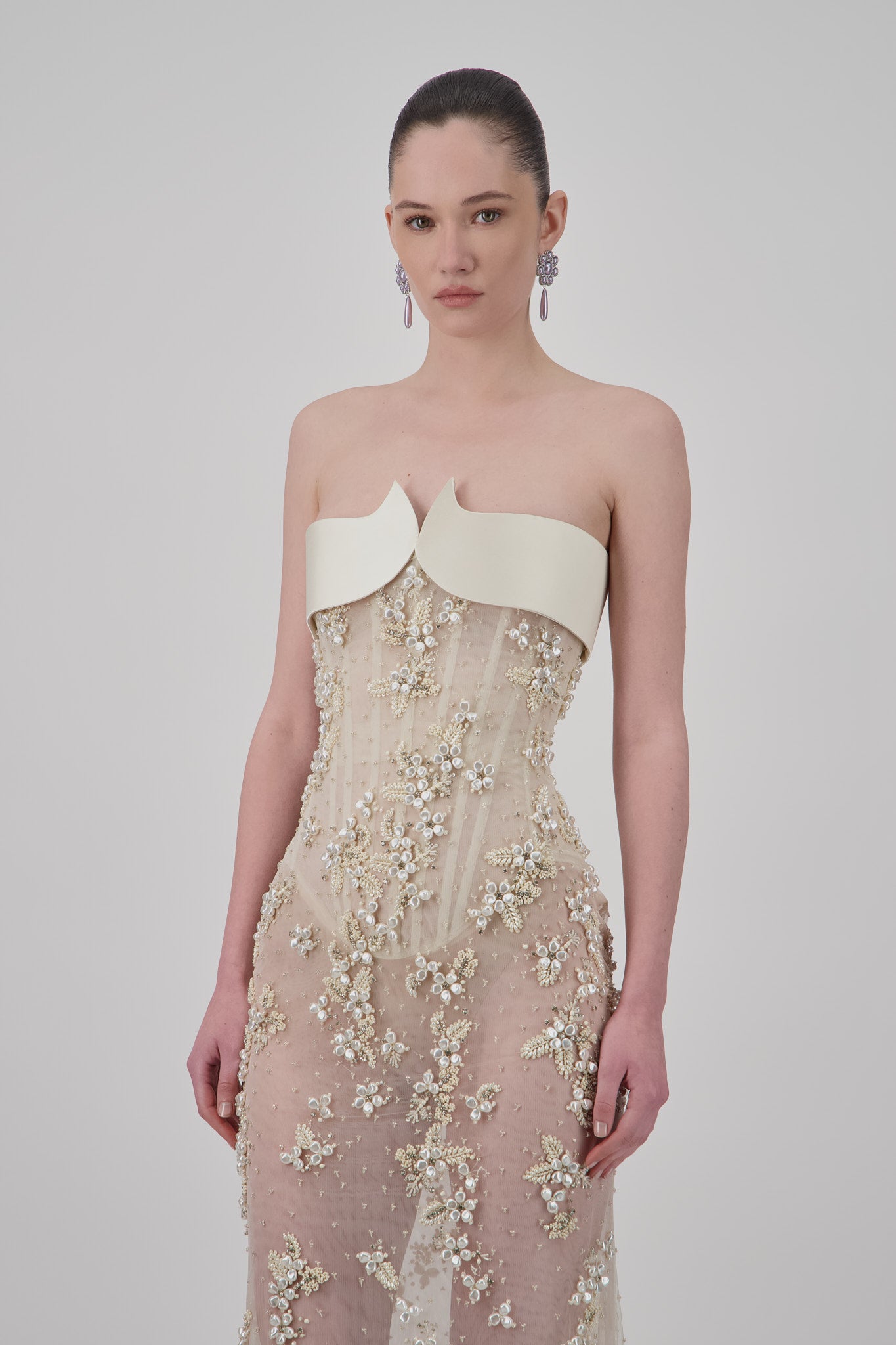 Beaded Tulle Floral-Embellished Long Dress