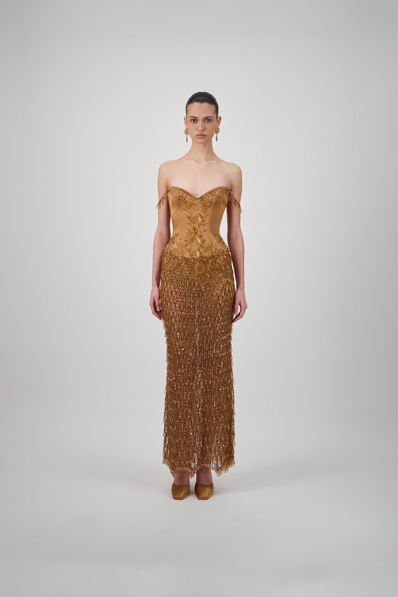 Satin Crystal Embellished Long Dress