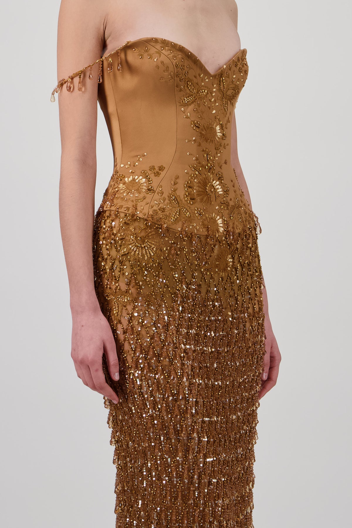 Satin Crystal Embellished Long Dress