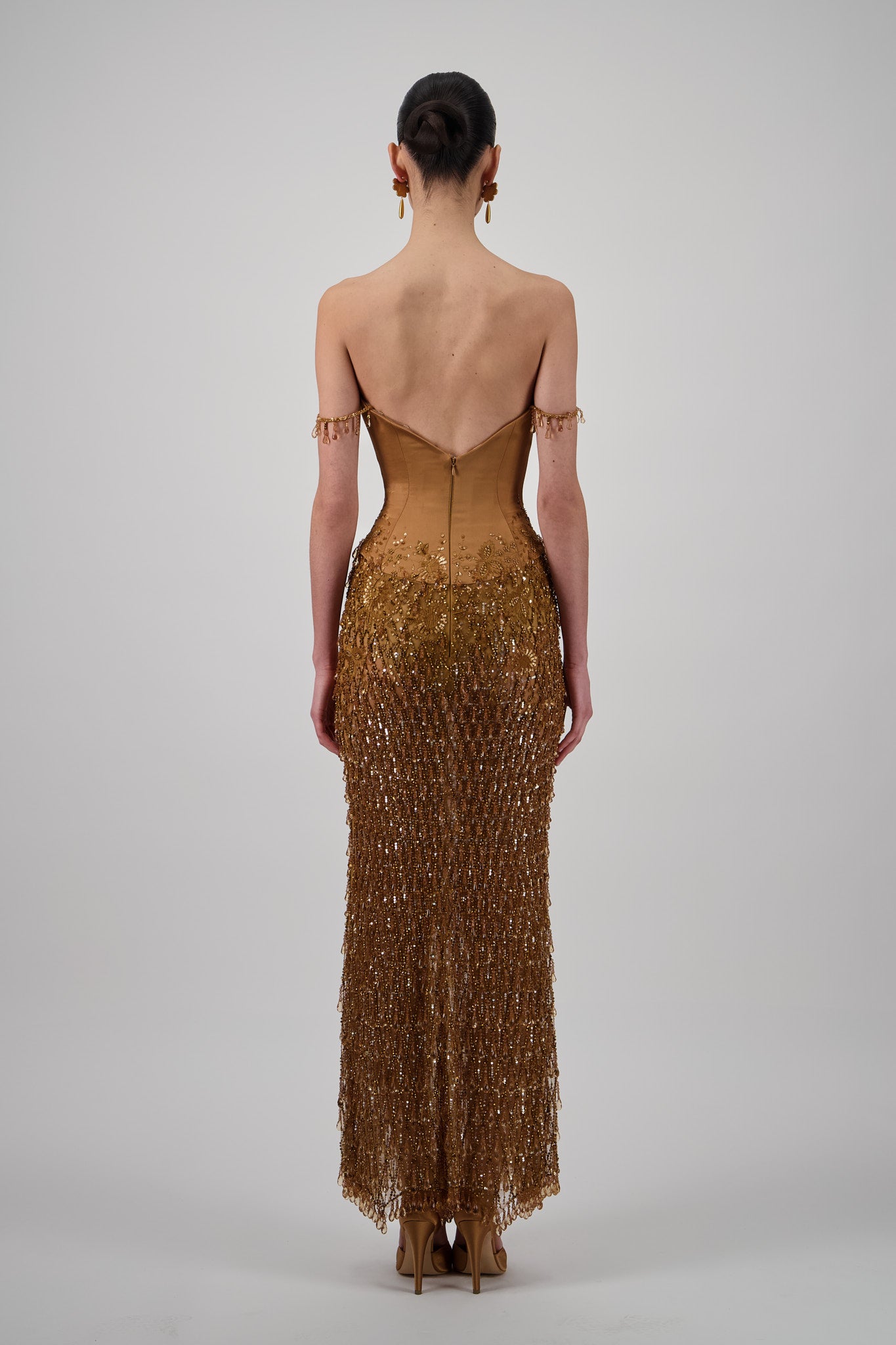 Satin Crystal Embellished Long Dress