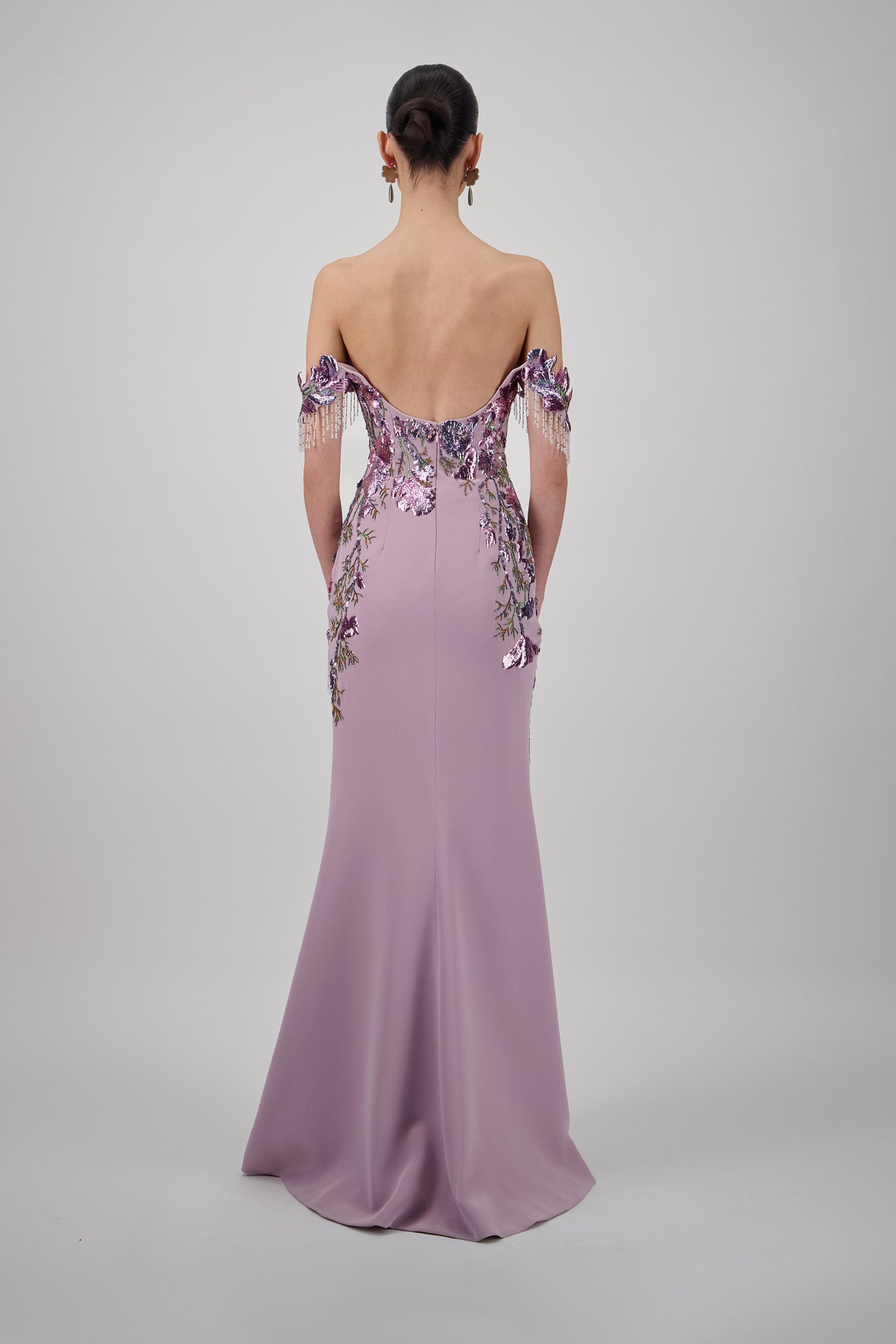 Off-Shoulder Crepe Embellished Long Dress