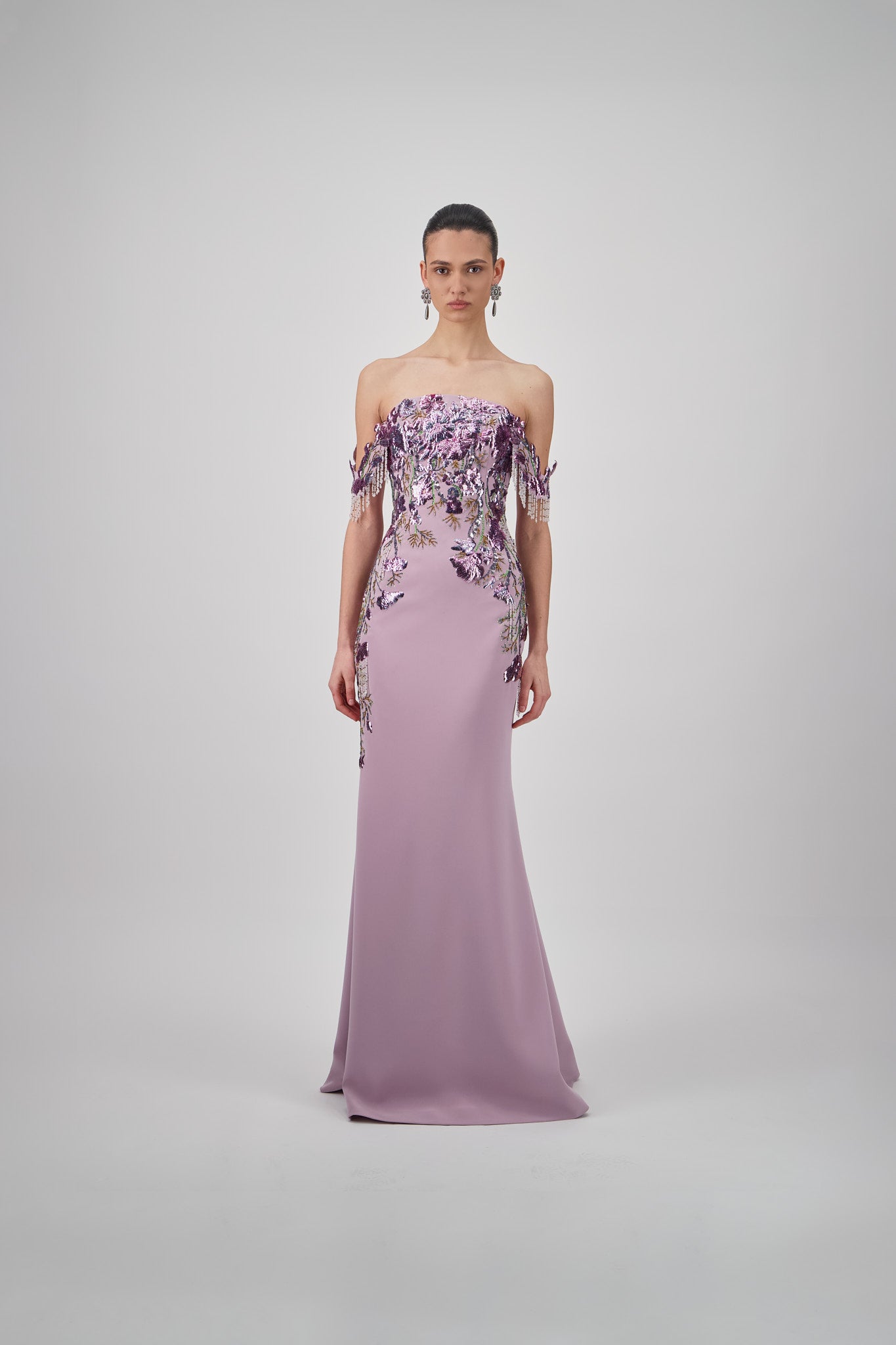 Off-Shoulder Crepe Embellished Long Dress