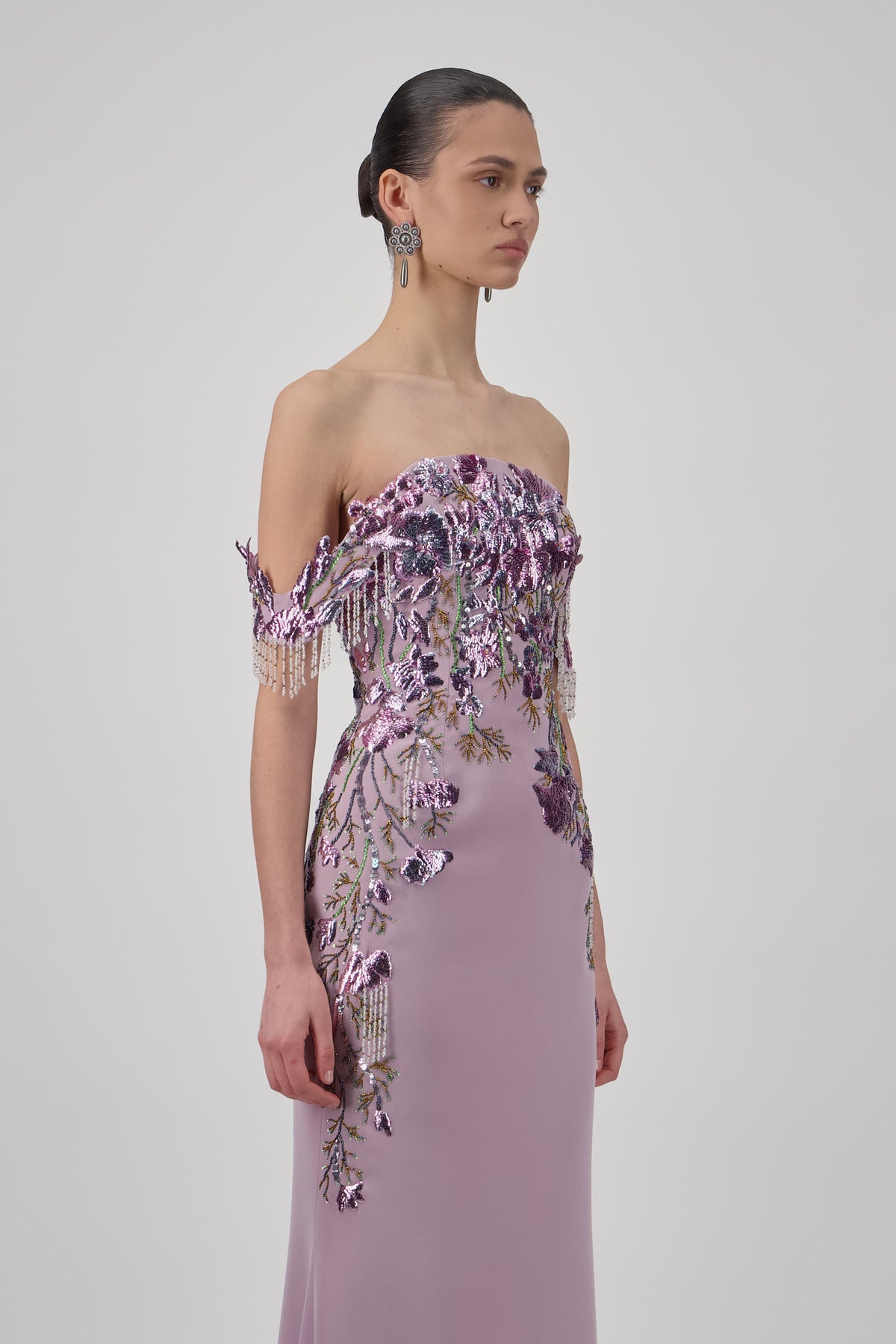Off-Shoulder Crepe Embellished Long Dress