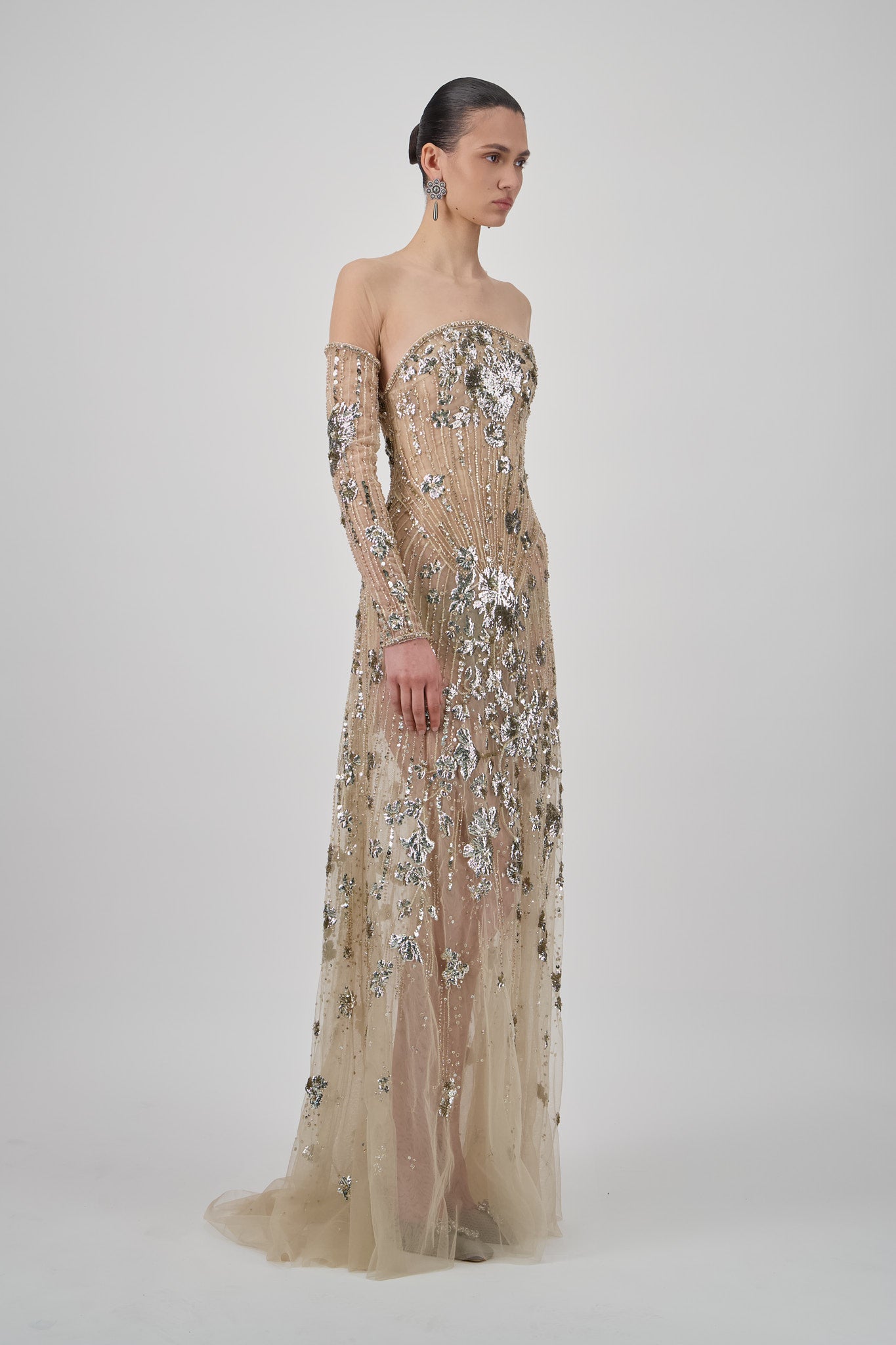 Off-Shoulder Beaded Tulle Long Dress