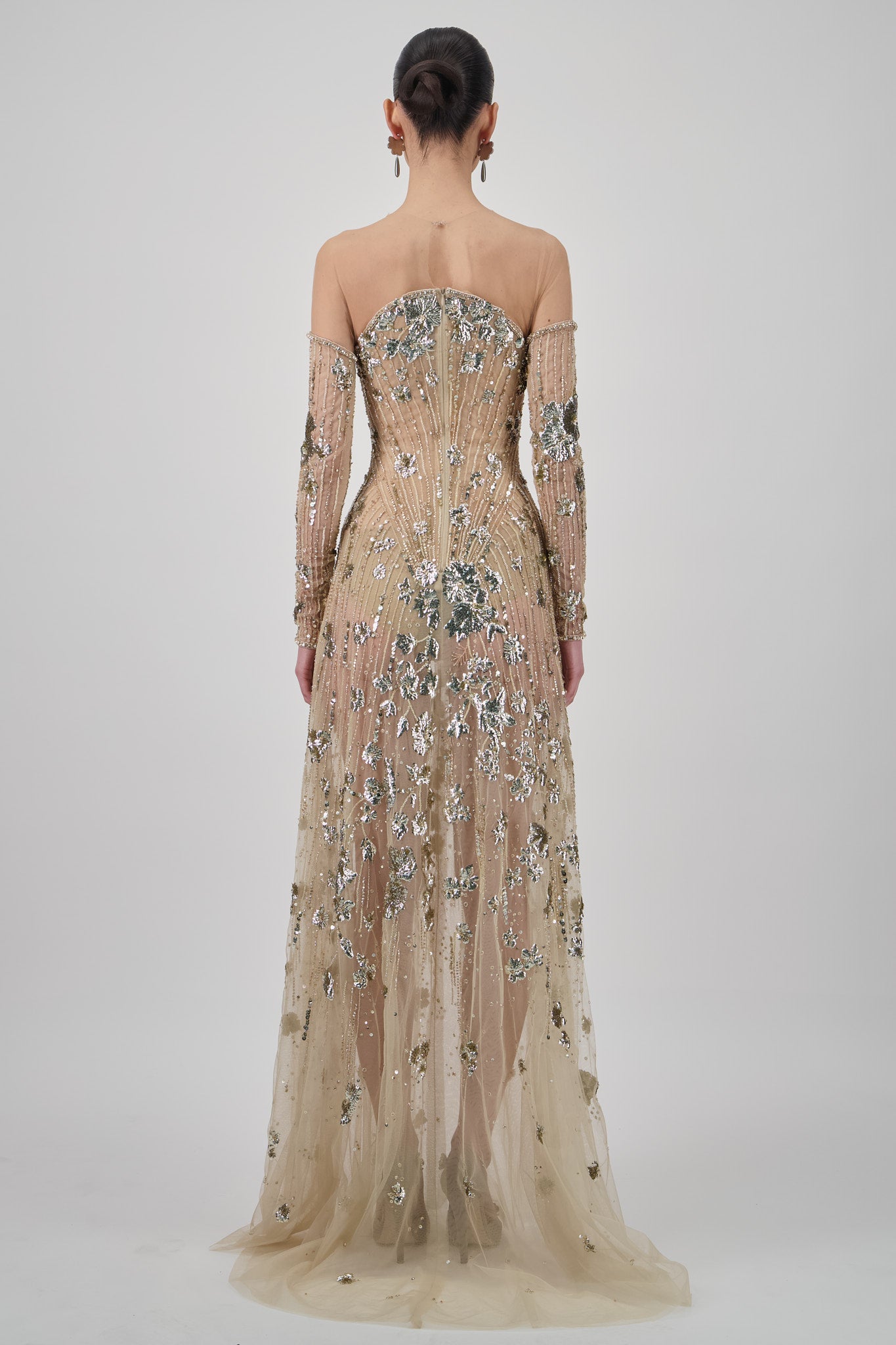 Off-Shoulder Beaded Tulle Long Dress