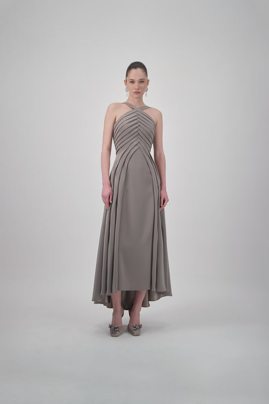 Cross-Halter Pleated Midi Dress