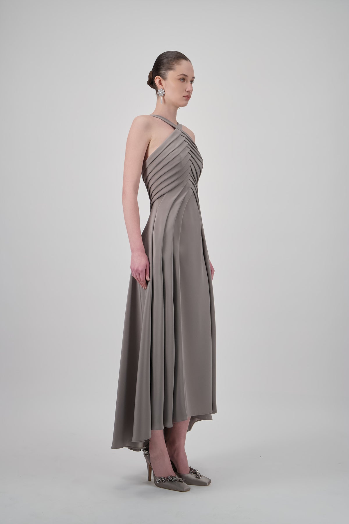 Cross-Halter Pleated Midi Dress