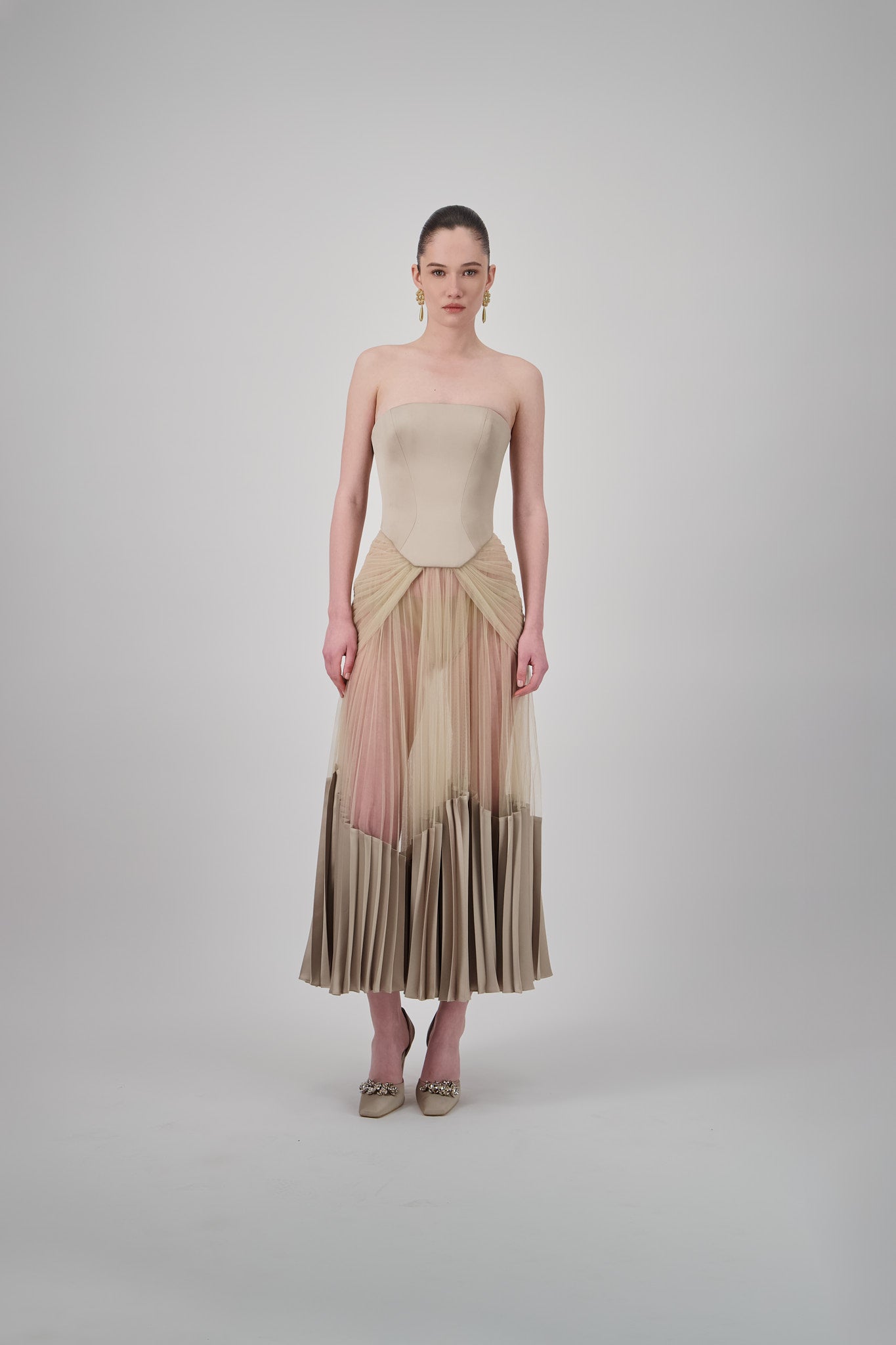 Strapless Pleated Midi Dress