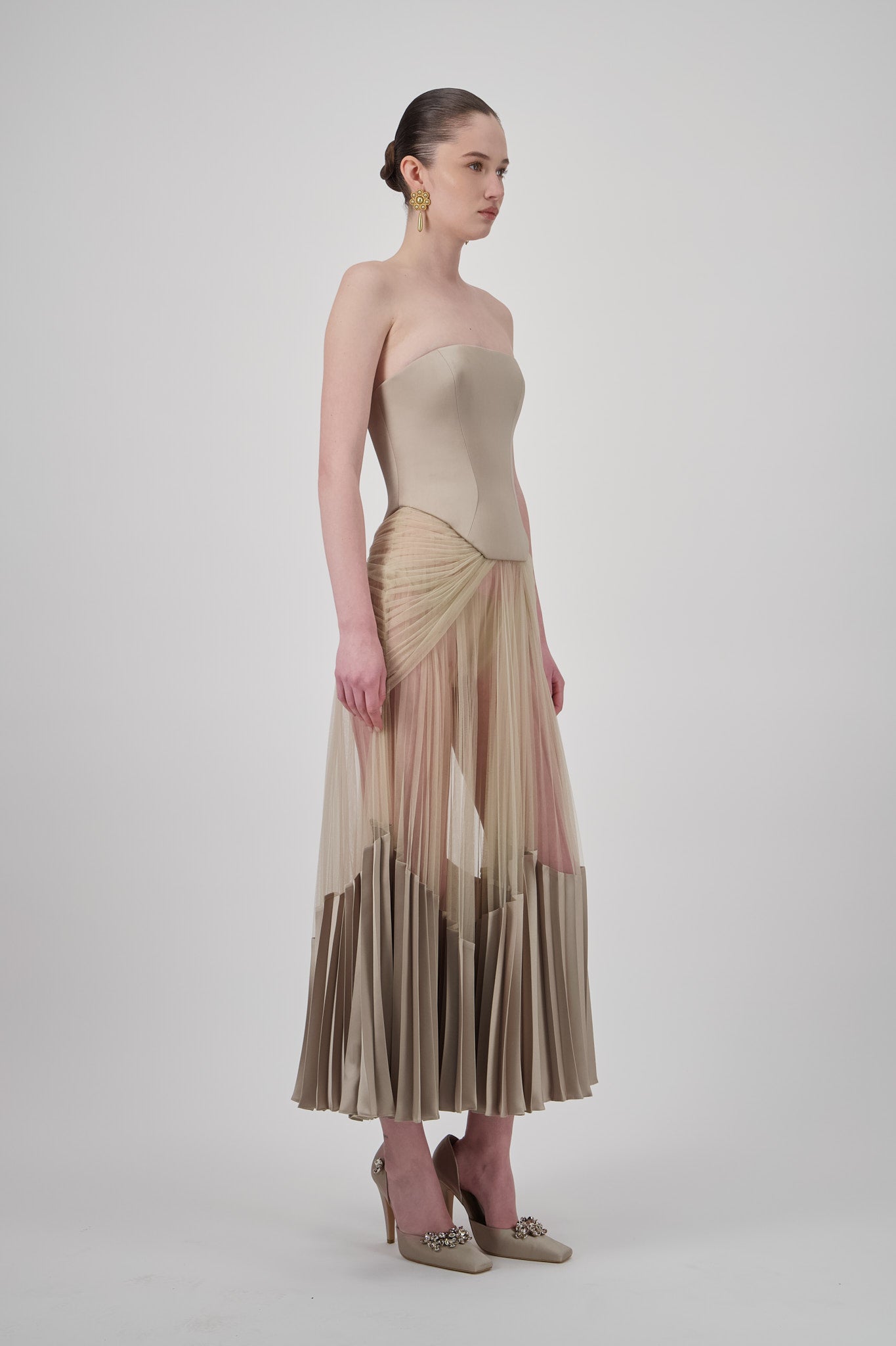 Strapless Pleated Midi Dress