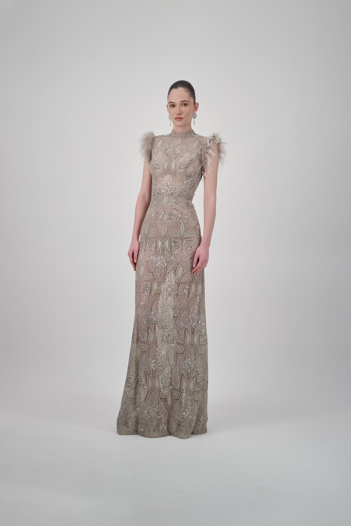 Butterfly Lace Crystal-Embellished Long Dress