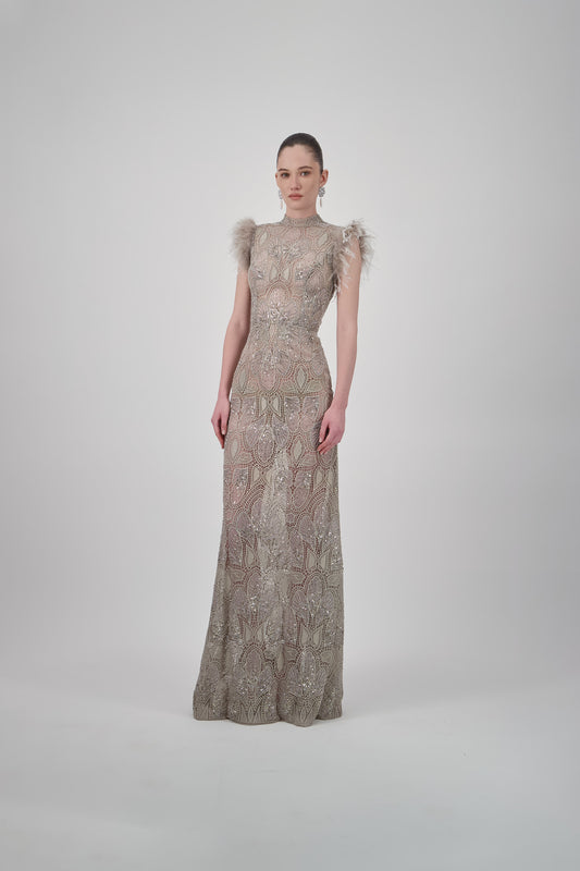 Butterfly Lace Crystal-Embellished Long Dress