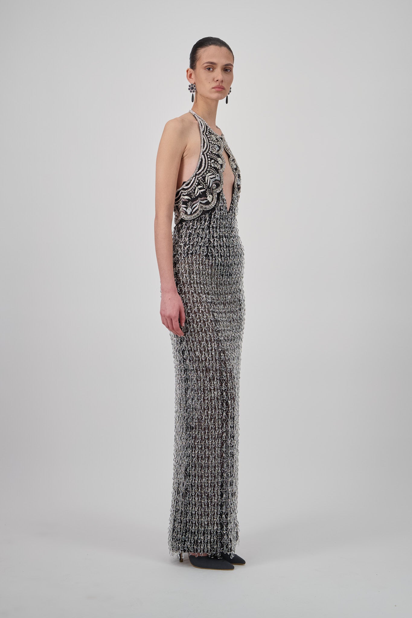 Halter Tulle Embellished Long Dress