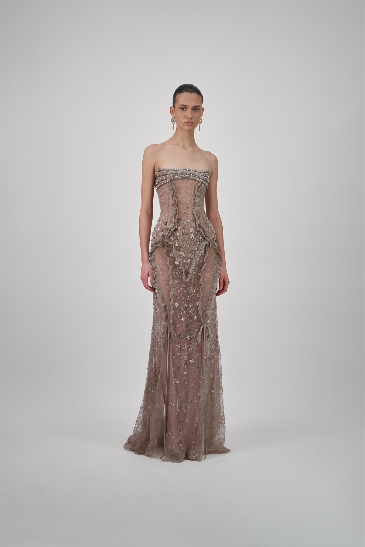 Strapless Lace Crystal Long Dress