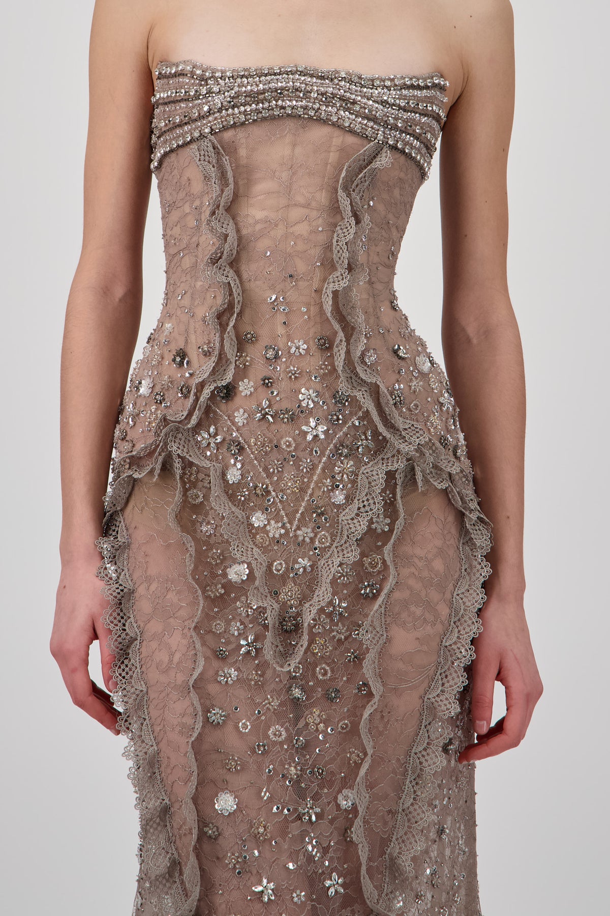 Strapless Lace Crystal Long Dress