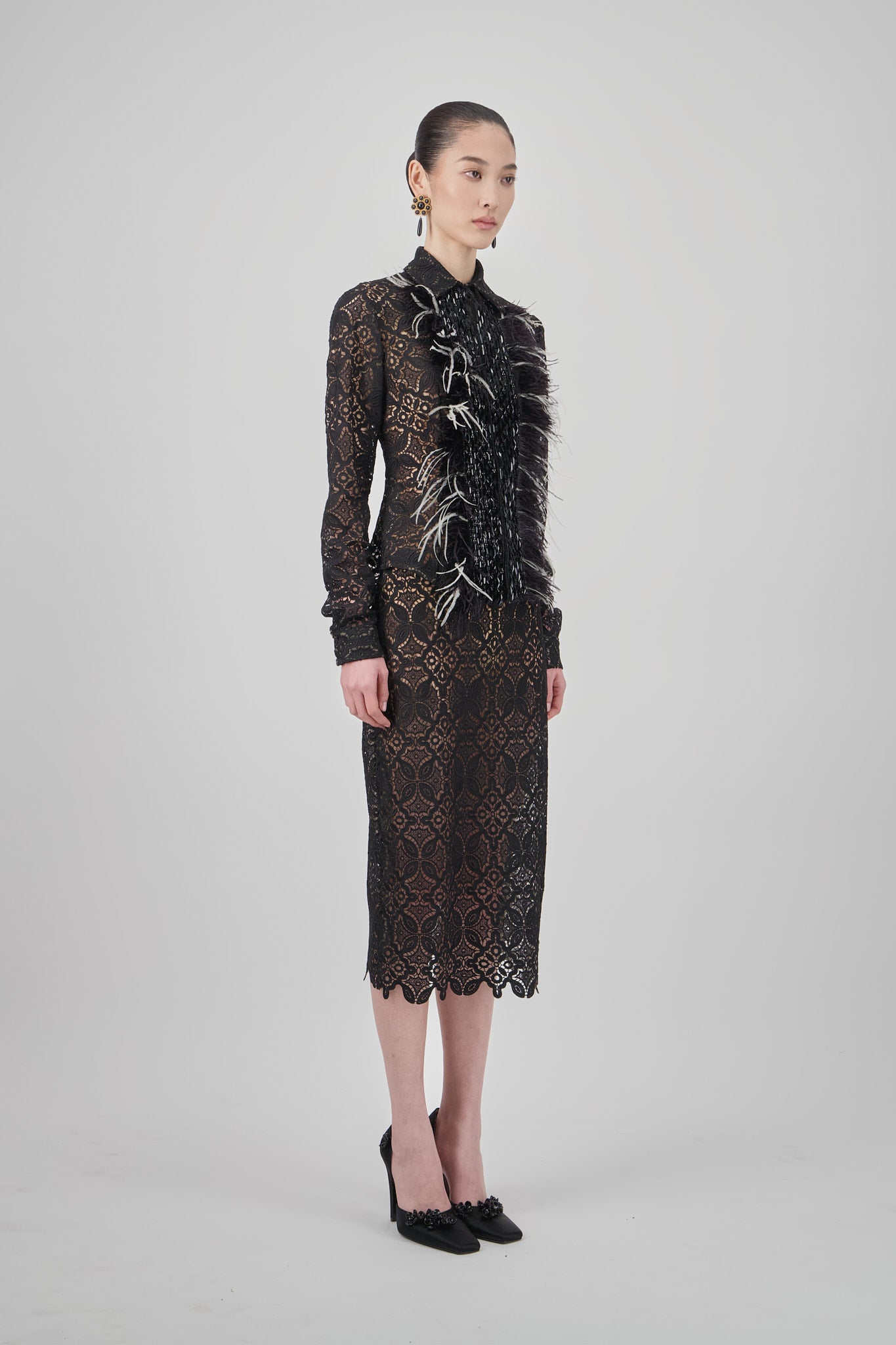 Feather-Trimmed Lace Shirt