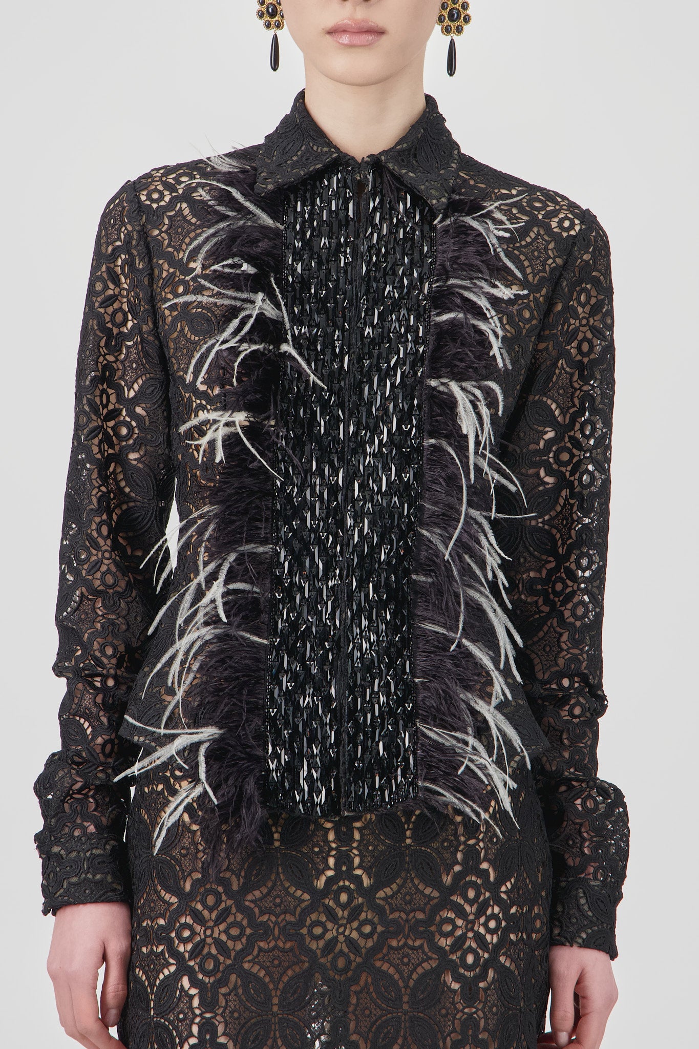 Feather-Trimmed Lace Shirt