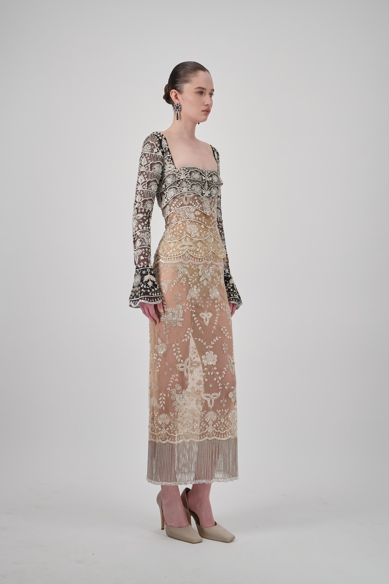 Beaded Tulle Midi Dress