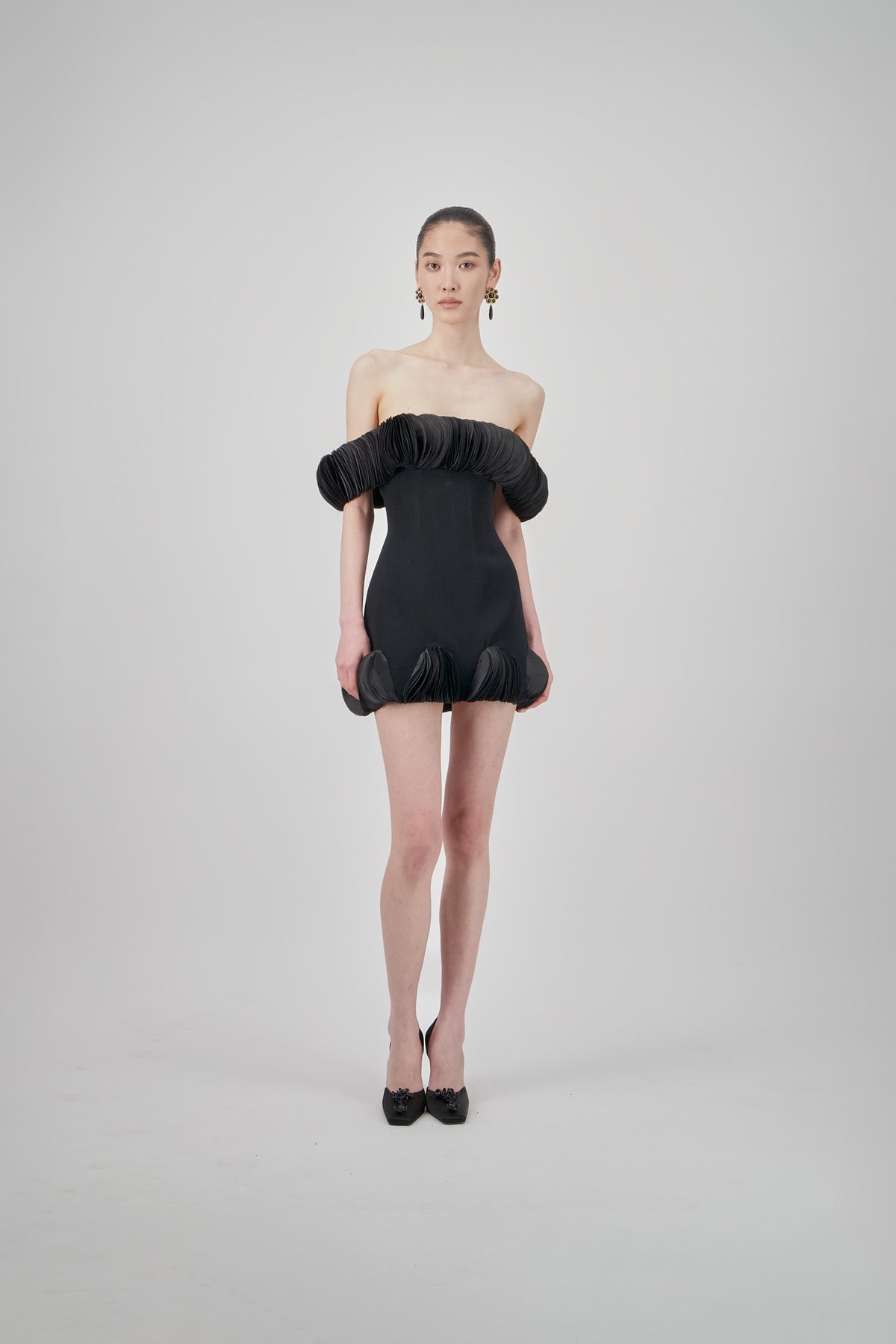 Off-Shoulder Crepe Short Dress