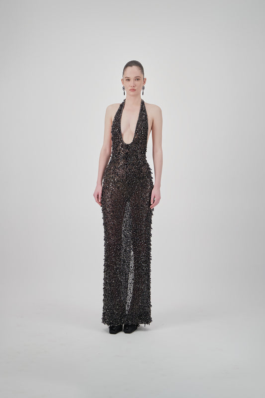 Beaded Open-Back Long Dress