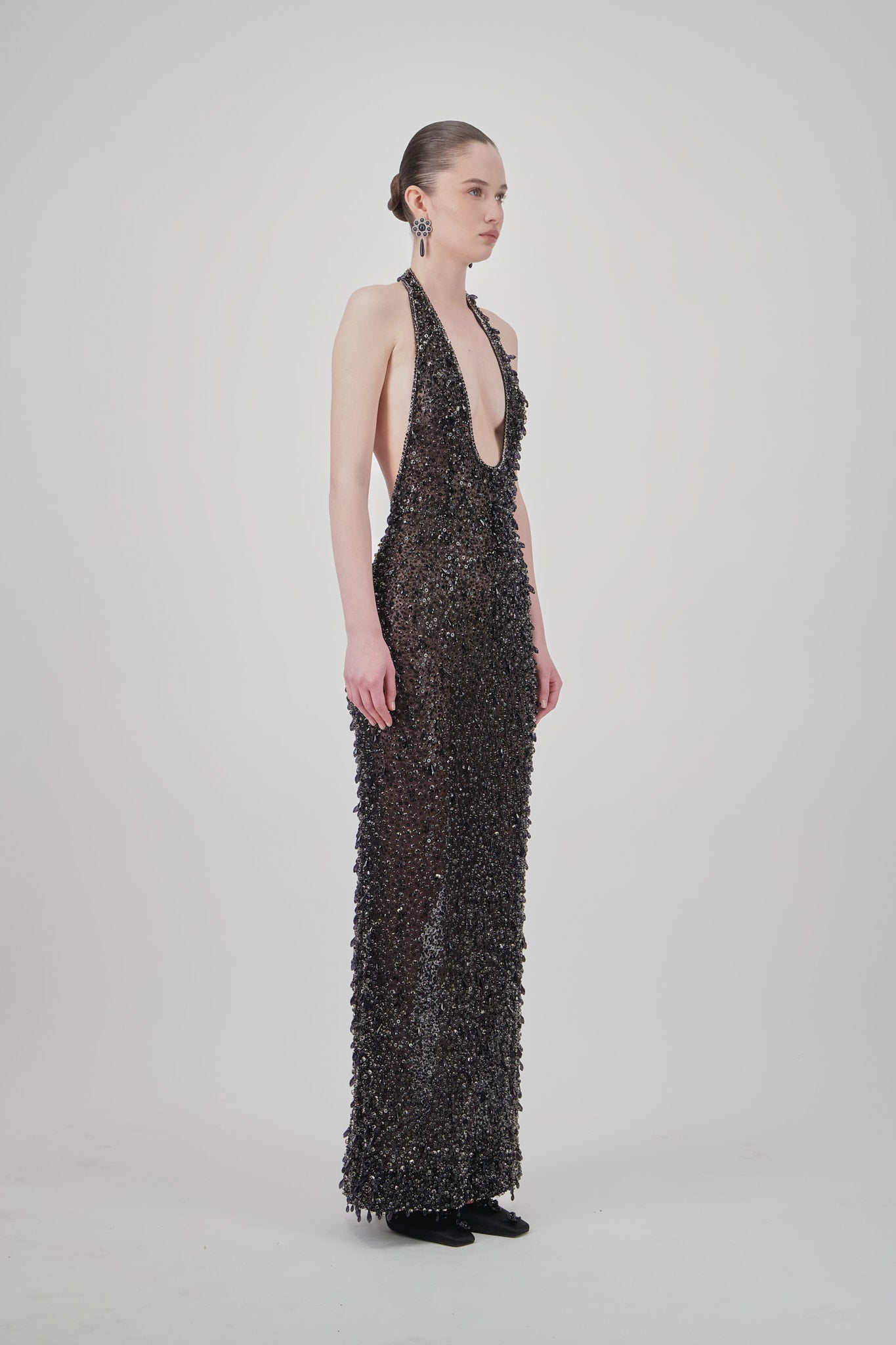 Beaded Open-Back Long Dress