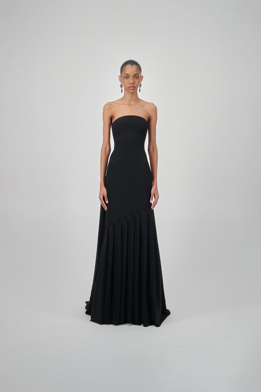 Strapless Crepe Pleated Long Dress