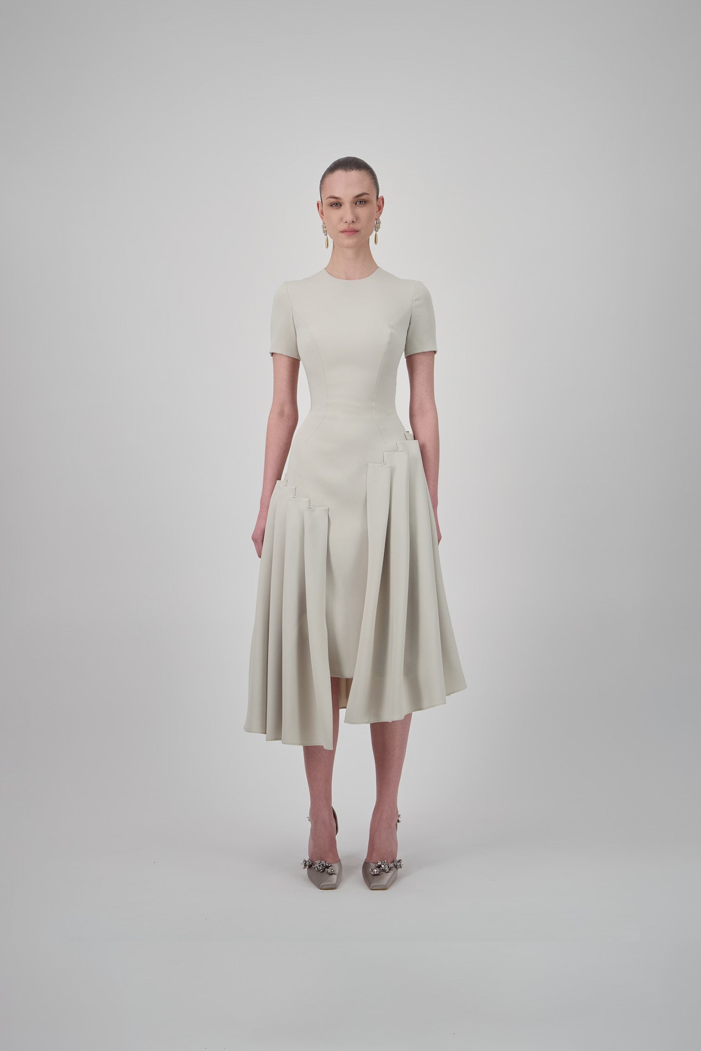 Asymmetrical Crepe Pleated Midi Dress