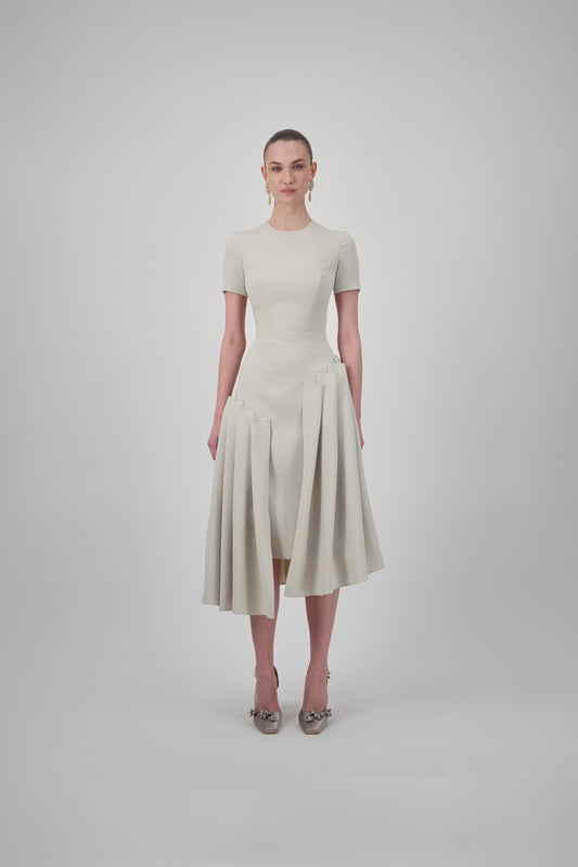 Asymmetrical Crepe Pleated Midi Dress