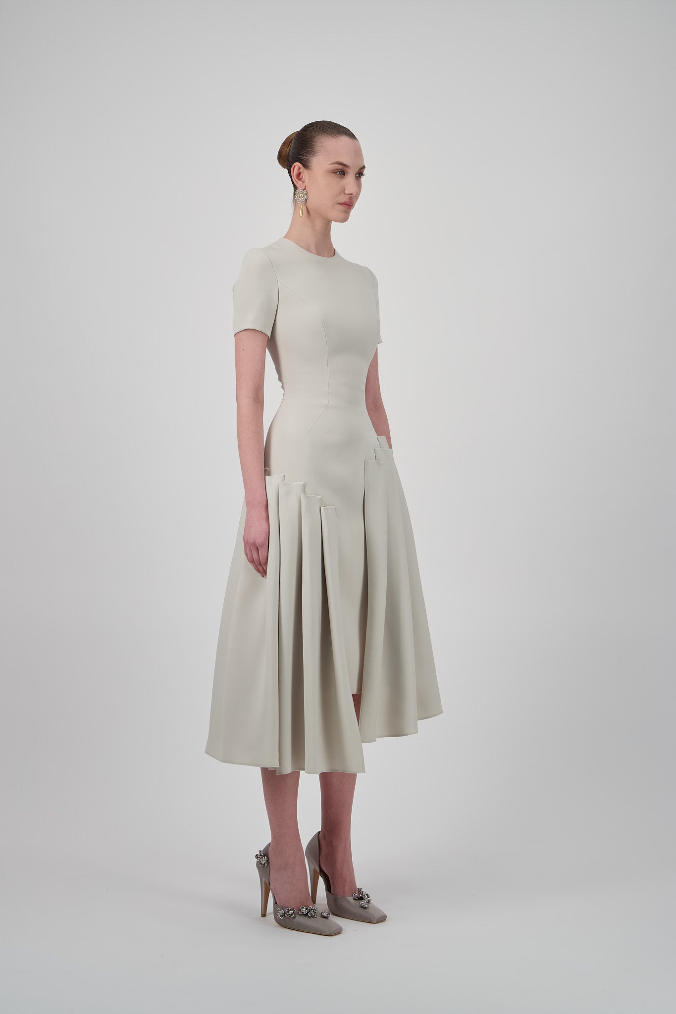 Asymmetrical Crepe Pleated Midi Dress